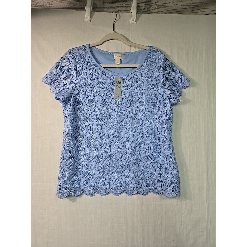 NWT Chico's Women's Layered Lace Blouse Blue Size 1 (M) Top Short Sleeves